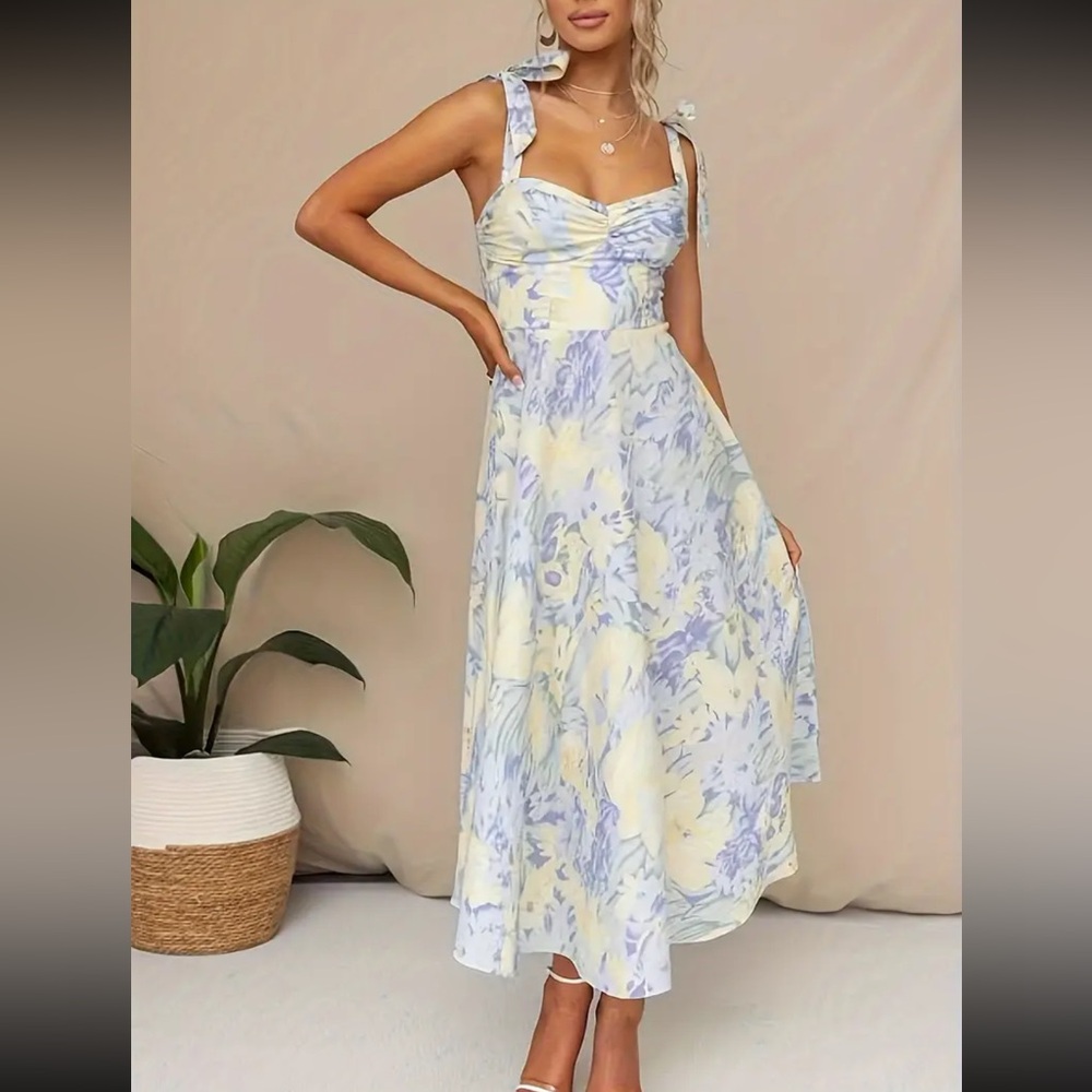 Light Yellow and Blue Floral Sundress with Tie Straps